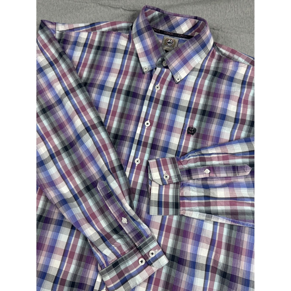 Cinch Mens XL Plaid Button Down Shirt Purple Blue Long Sleeve Cotton Western